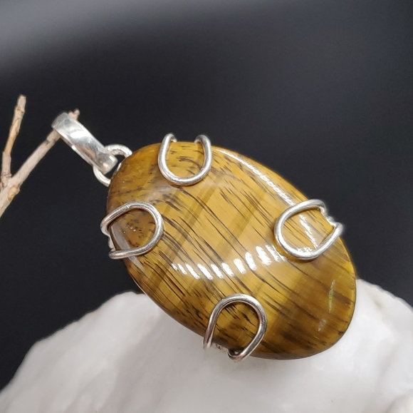 Natural Tiger Eye Stone Silver Pendant - Picture 1 of 7